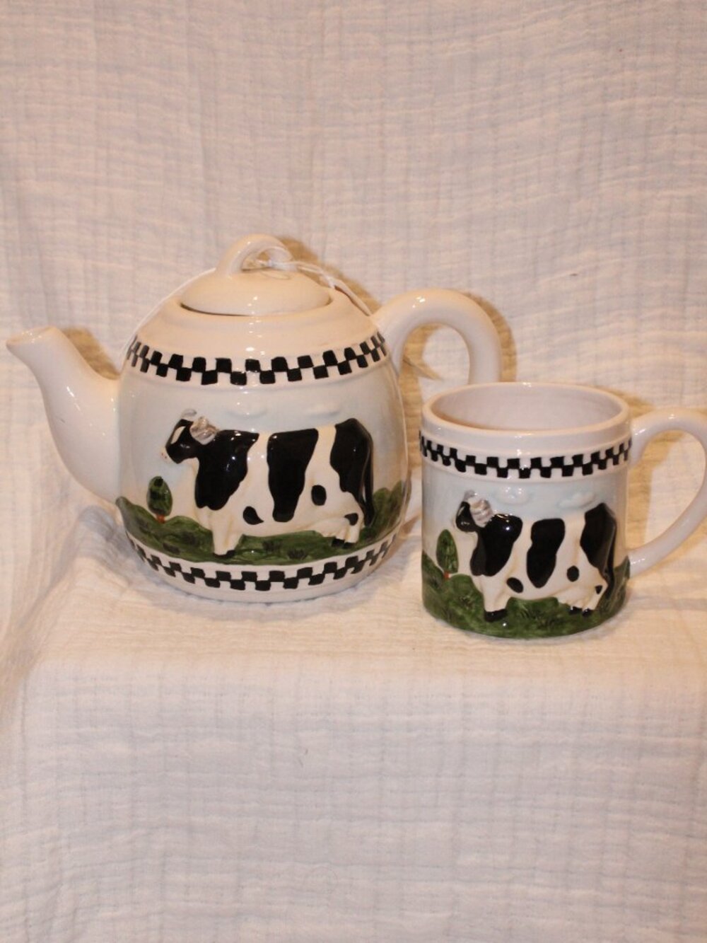 1990s CBK Ltd Ceramic Cow Tea Kettle and Cup
